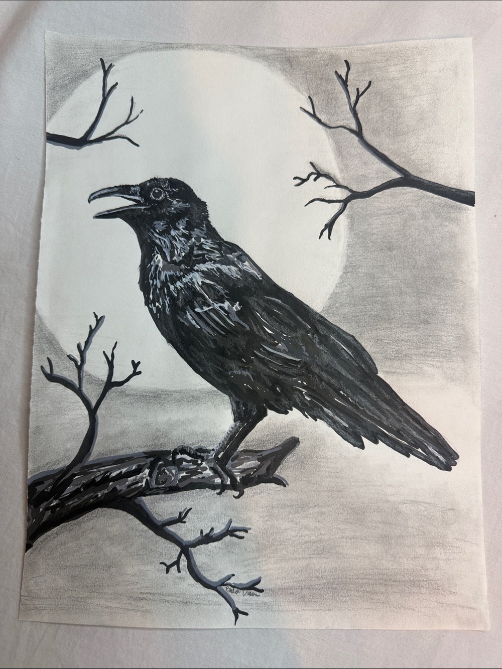 Acrylic & Pencil Raven Crow Original Art Halloween Fall 9x12